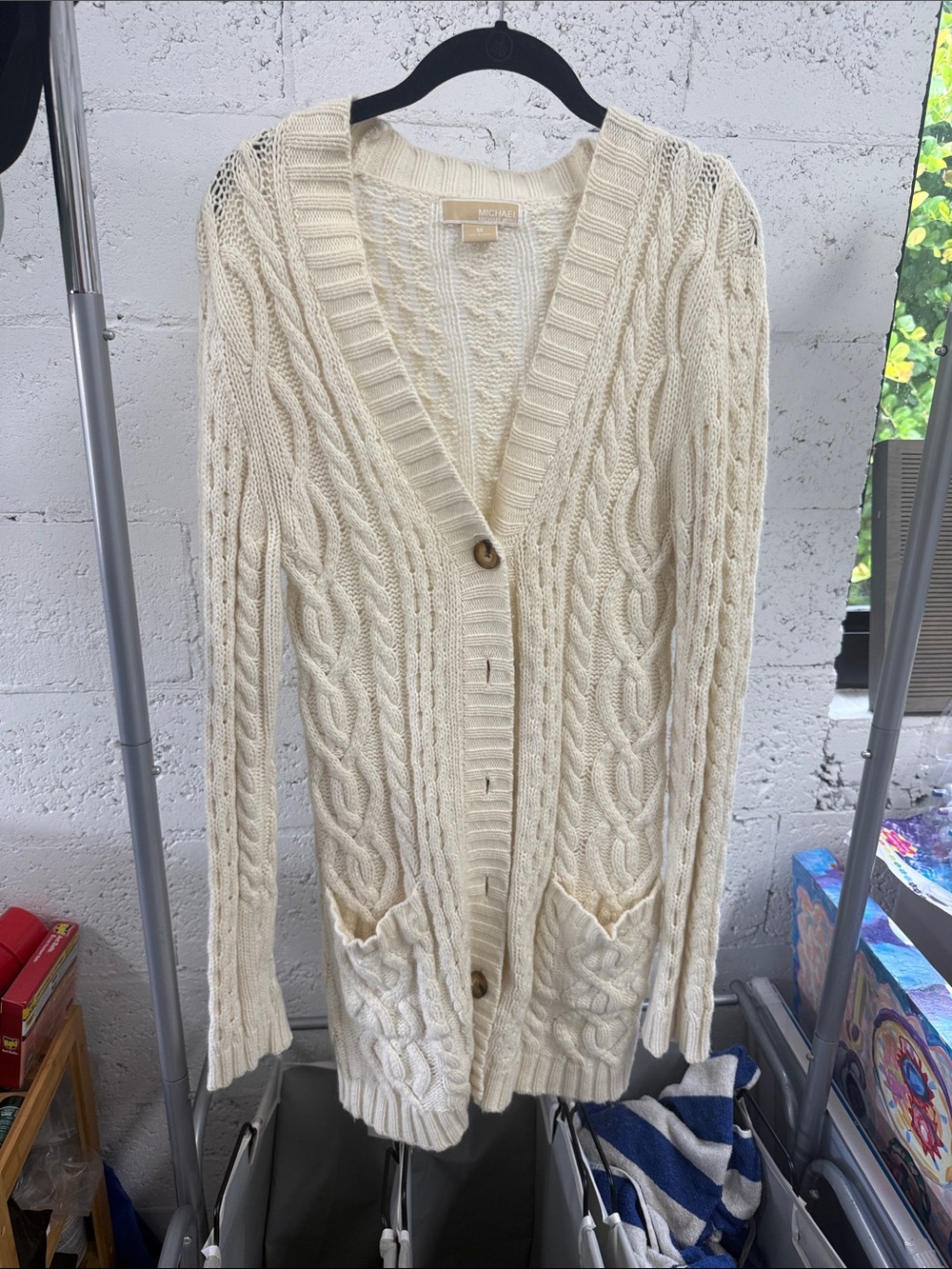 Cable Knit Cream Women's Cardigan Michael KORS - Medium - Long